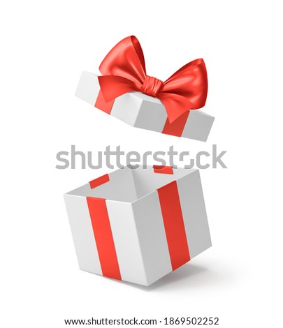 White open gift box with red ribbon and bow isolated on white. 3D rendering with clipping path