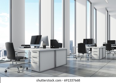 White Open Office Environment With Narrow Tall Windows, White Computer Tables And Black Office Chairs. A Wooden Floor, Corner, Close Up. 3d Rendering Mock Up