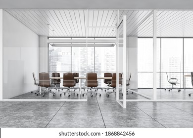White Open Space Office, Conference Room With Leather Chairs And Wooden Table. Meeting Room Near Window Behind Glass Doors, Marble Floor. 3D Rendering, No People
