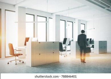 White Open Space Office Environment With A Concrete Floor, Large Windows, And Cubicles With Computer Tables. 3d Rendering Mock Up Double Exposure Toned Image Blurred