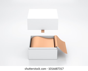 White Opened Box Packaging Mockup With Flying Cover And Gold Wrapping Paper, 3d Rendering