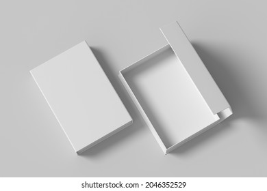 White opened and closed rectangle folding gift box mock up on white background. View above. 3d illustration.