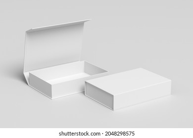 White Opened And Closed Rectangle Folding Gift Box Mock Up On White Background. Side View. 3d Illustration.