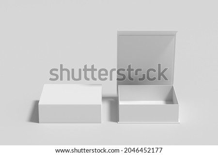 White opened and closed square folding gift box mock up on white background. Front view. 3d illustration.