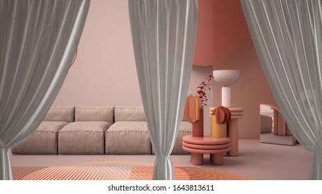 White openings curtains overlay colorful living room, interior design background, front view, clipping path, vertical folds, soft tulle textile texture, stage concept with copy space, 3d illustration