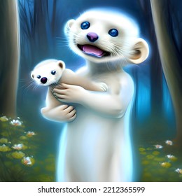 White Otter Holding A Cub