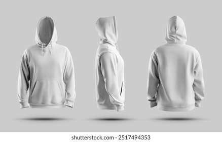 White oversized hoodie mockup 3D rendering, fashion clothes for design, branding, pattern, front, side, back view. Set of stylish sweatshirt isolated on background. Men's clothing template