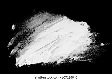 White Paint Ink Spot Blotch, Brush Strokes  Isolated On Black Background