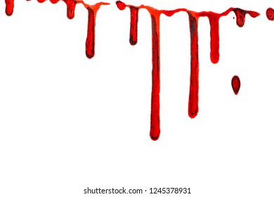 A White Paper Background With Stains Of Red Paint In The Form Of Blood At The Top Of The Image. Abstract Illustration And Empty Background For Text, Greeting Card, Print And Label.