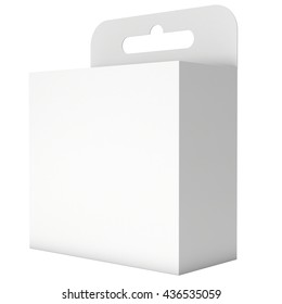 White Paper Hanging Box Large. Packaging Container With Hanging Hole. Mock Up Template. 3d Render Isolated On White Background.