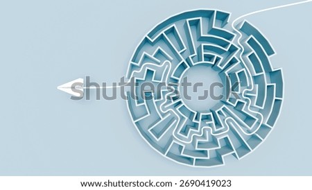White paper plane emerging from complex maze with visible solution path trailing behind, symbolizing breakthrough success and strategic problem solving, 3d render
