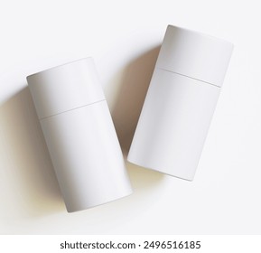 White Paper tube package mockups isolated on white background. Blank craft carton circular realistic tube texture. Cylindrical container with cap for product branding