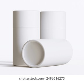 White Paper tube package mockups isolated on white background. Blank craft carton circular realistic tube texture. Cylindrical container with cap for product branding