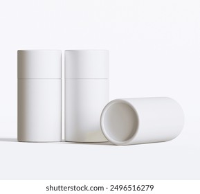 White Paper tube package mockups isolated on white background. Blank craft carton circular realistic tube texture. Cylindrical container with cap for product branding