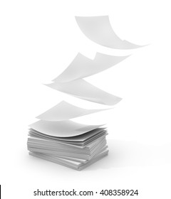 White Papers Falling Up On White Background. 3d Illustration