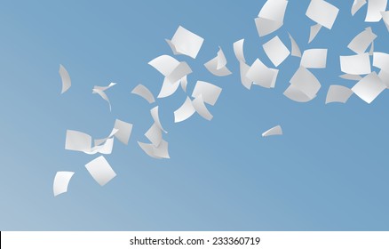 White Papers Flying On Blue Sky Background.