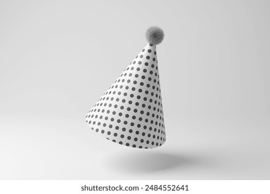 White party hat with a pattern of dots and a pompom on top floating in mid air on white background in monochrome and minimalism. 3D illustration of the concept of celebration and birthday parties - Powered by Shutterstock