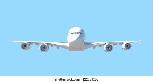 White Passenger Plane. Front View. Isolated Render On A Blue Background