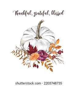 White Pastel Pumpkin And Flower Arrangement, Hand-painted Watercolor Illustration. Fall Floral Bouquet.