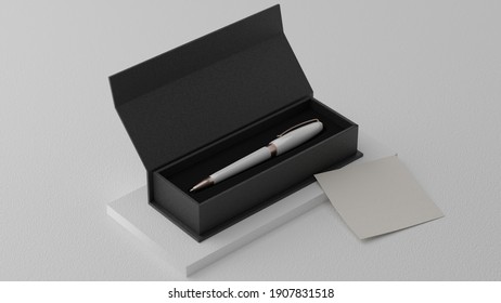 White Pen In A Premium Box With A Note 3D Illustration