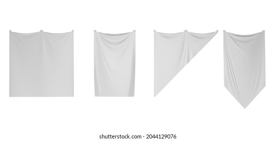 White pennant flags, mockup medieval hanging textile pennons different shapes for sport teams. Realistic set blank vertical isolated banners of silk fabric or stretch material, 3d render