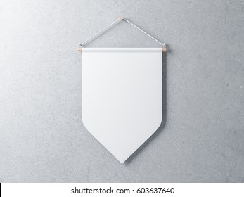 White Pennant Hanging On A Gray Concrete Wall, 3d Rendering