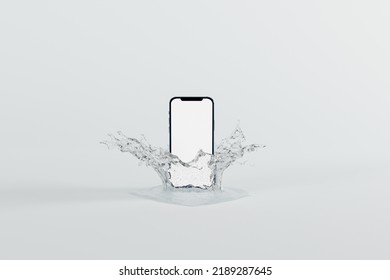 White Phone Dropping Into The Water. Phone Soaking In Water Concept. 3D Render, 3D Illustration.