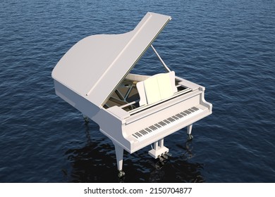 white piano in the ocean above view. 3d rendering