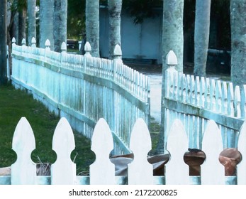 White Picket Fence, With Gate Ajar, At Corner Of Front Yard Near Row Of Tall Palm Trees Along A Quiet Lane In A Coastal Fishing Village In Southwest Florida. Digital Painting Effect, 3D Rendering.