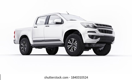 White Pickup Car On A White Background. 3d Rendering.