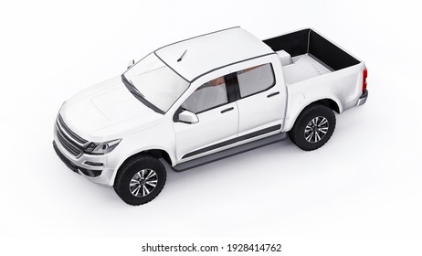 White Pickup Car On A White Background. 3d Rendering