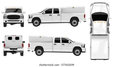 White Pickup Truck Template Isolated Car On White Background. 3d Illustration.