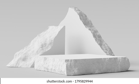 White Pieces Of Stone Wall With Broken Textured Edges, Debris Stone Slabs For Product Display Background. 3d  Rendering.