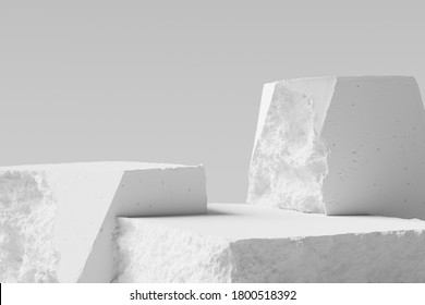 White pieces of Stone wall with broken textured edges, debris stone slabs for product display background. 3d  rendering.