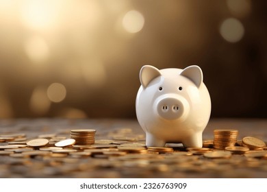  White Piggy Bank with Stacked Coins Background Symbolizes Money - Powered by Shutterstock