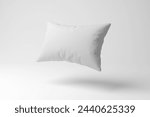 White pillow floating in mid air on white background in minimalism and monochrome. 3D illustration of the concept of sleep, sleeping quality and insomnia