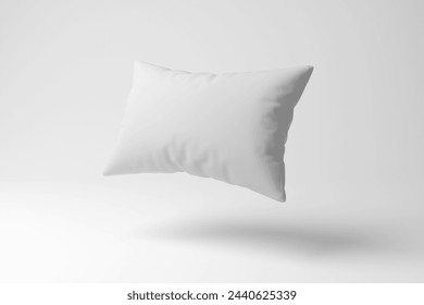 White pillow floating in mid air on white background in minimalism and monochrome. 3D illustration of the concept of sleep, sleeping quality and insomnia