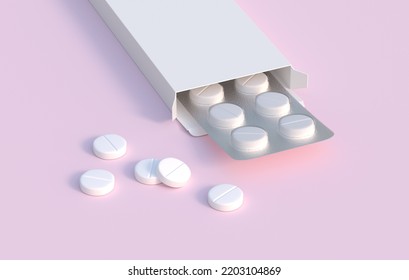 White Pills In Blister Pack In Cardbox Packaging. Mockup Template. 3d Rendering