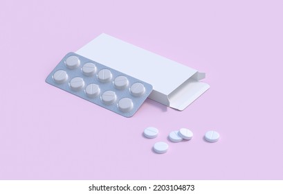 White Pills In Blister Pack In Cardbox Packaging. Mockup Template. 3d Rendering