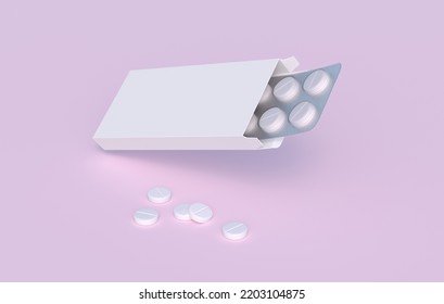 White Pills In Blister Pack In Cardbox Packaging. Mockup Template. 3d Rendering