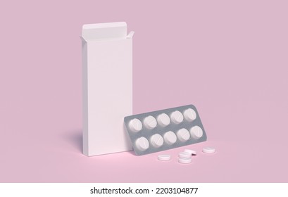 White Pills In Blister Pack In Cardbox Packaging. Mockup Template. 3d Rendering