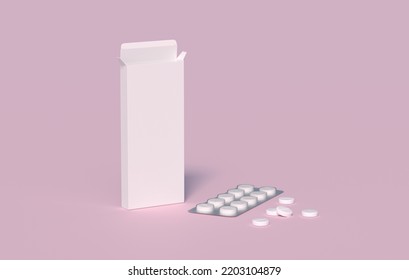 White Pills In Blister Pack In Cardbox Packaging. Mockup Template. 3d Rendering