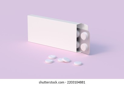 White Pills In Blister Pack In Cardbox Packaging. Mockup Template. 3d Rendering