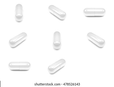 White pills capsules isolated on white background.
3D illustration.

