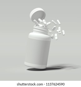 White Pills Spilling Out Of White Bottle On Light Gray Background, 3d Rendering.