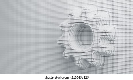 White Pin Art Wall With Extruded Cogwheel. Concept Of Process In Progress, Loading, Preparing. 3d Render Illustration. 3D Illustration