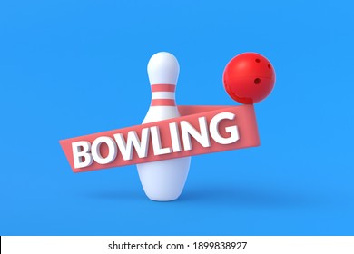 White Pin And Red Ball With Inscription Bowling On Blue Background. Advertisement Of Sport Club. Hobby And Leisure. Announcement Of Competition Or Championship. Copy Space. 3d Rendering