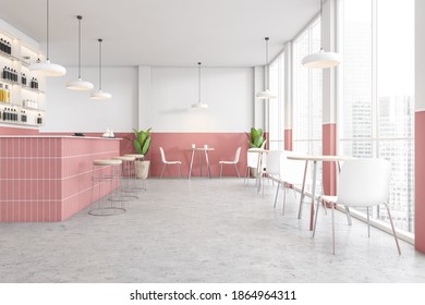 White And Pink Cafe Interior With Table And Chairs, Bar Counter With Bottles, Furniture Near Window On Grey Marble Floor, Skyscrapers View. 3D Rendering, No People