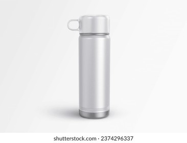 white plain empty blank branding packaging Hot And Cold Metallic Stainless Steel Vacuum Flask Water bottle with cup lid on isolated background 