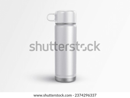 white plain empty blank branding packaging Hot And Cold Metallic Stainless Steel Vacuum Flask Water bottle with cup lid on isolated background 